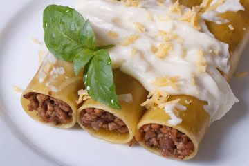 Cannelloni stuffed with meat and bechamel sauce top view