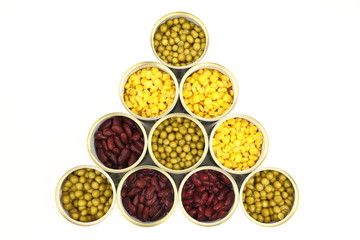 The tins with peas, red bean, corn on the white background