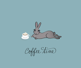 Fototapeta premium Coffee Time / Funny card with lazy Rabbit