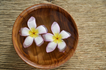 Fototapeta na wymiar Two frangipani flowers in bowl on woven round basket
