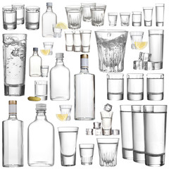 Collage of alcohol drinks. Vodka isolated on white