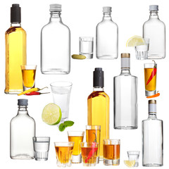 Collage of alcohol drinks. Vodka isolated on white