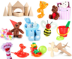 Collage of children toys isolated on white