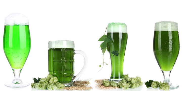 Collage of green beer, isolated on white. St. Patrick's Day
