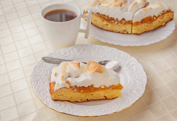 Piece of homemade cake with  meringue and cup of tea