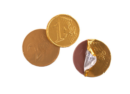 Euro currency, chocolate coins isolated on white