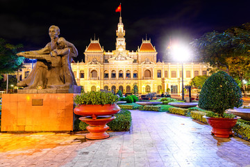 Scenic view of the Ho Chi Minh City Hall in Vietnam at night.