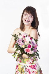 smiling caucasian young woman with bouquet