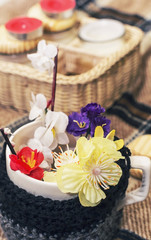 bright spring flowers in the crooked mouth and bandaged bowl