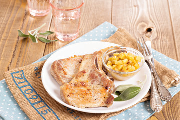 Pork cutlets on a bone with apple chutney