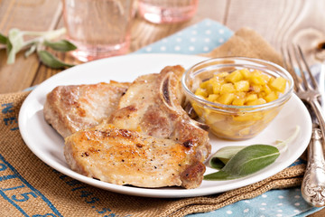 Pork cutlets on a bone with apple chutney