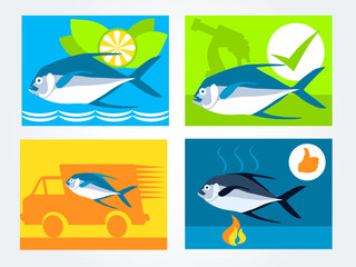 Naklejka premium Icons set for the website fresh fish delivery seller's and fish