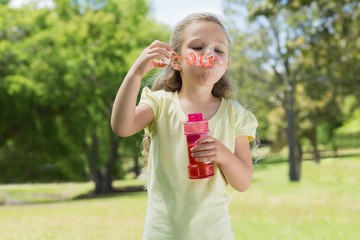 Girl blowing soap bubbles at park
