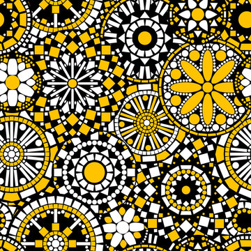 Flower mandalas seamless pattern in black white and yellow