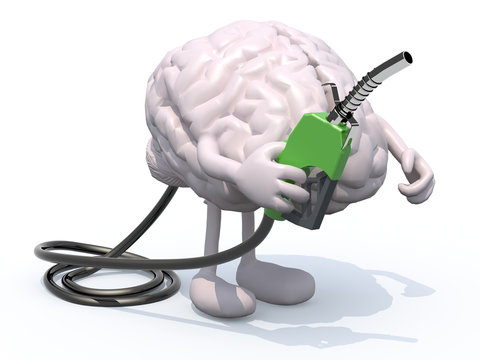 human brain with arms, legs and fuel pump in hand