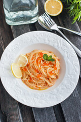 Spaghetti with red caviar