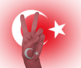 Fototapeta premium Hand peace sign with flag of Turkey