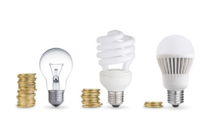 money spent in different light bulbs.Isolated on white