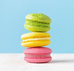 Macaron on white wooden table