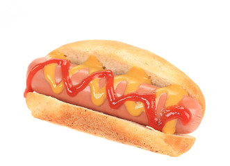 Hotdog with ketchup and mustard.
