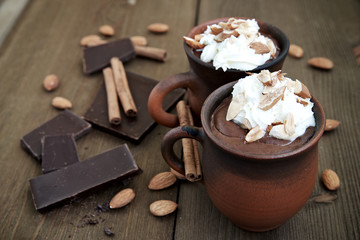 Hot chocolate with whipped cream and almonds