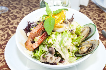 seafood salad on a white background in the restaurant