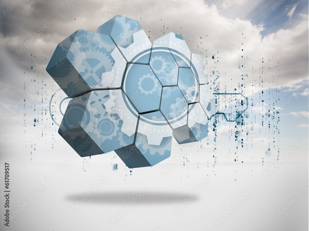 Poster Composite image of cogs and wheels on abstract screen