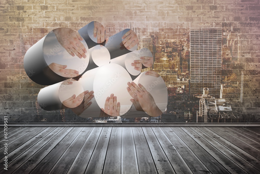 Poster composite image of united hands on abstract screen