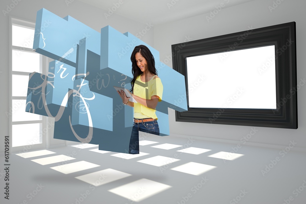 Poster Composite image of student using tablet on abstract screen