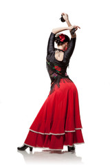 young woman dancing flamenco with castanets isolated on white - obrazy, fototapety, plakaty