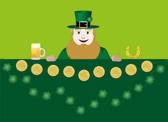 leprechaun with beer, a horseshoe, clover and coins