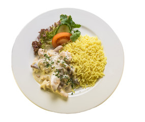 liver in sour cream sauce with rice and vegetables