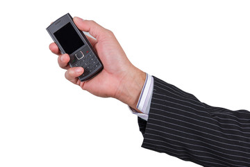 businessman holding phone isolated on white background