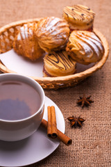 morning breakfast. tea and fresh pastries