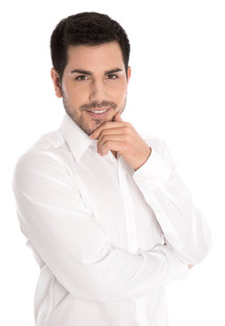 Gesicht attraktiver junger Mann isoliert in Hemd weiß