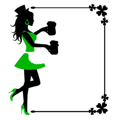 female silhouette with beer mugs and frame with clover
