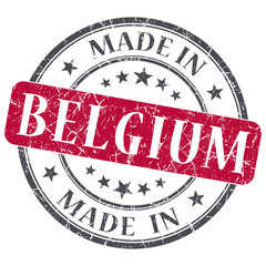 made in Belgium red grunge round stamp isolated on white