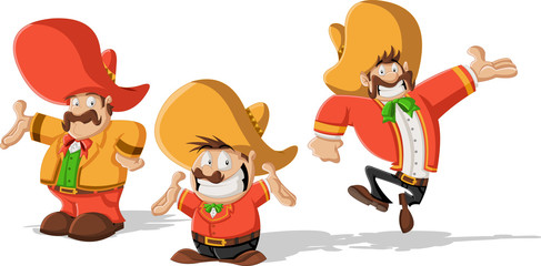 Three cartoon mexican mariachis with sombrero