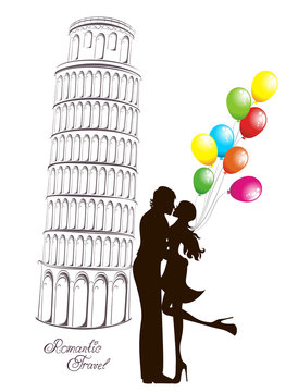 Romantic Travel. Couple in front of Pisa leaning tower, Italy