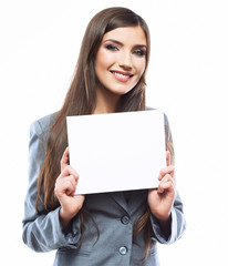 Naklejka premium Young smiling business woman hold board, white background port