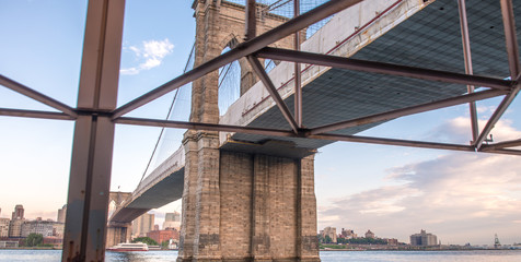 Fototapeta na wymiar The Brooklyn Bridge as seen from South Street Seaport in Manhatt