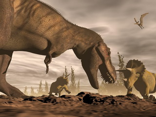 Tyrannosaurus roaring at triceratops - 3D render © Elenarts