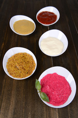 Various sauces on table close-up