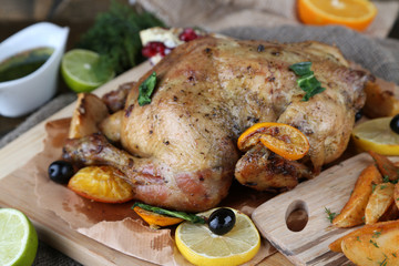 Whole roasted chicken with vegetables and fried potatoes
