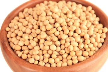 Raw soybeans in bowl isolated on white