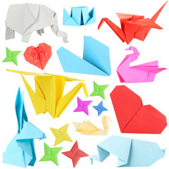 Collage of different origami papers isolated on white