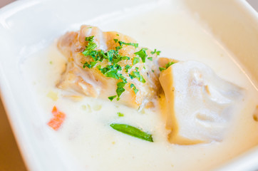 Fish with white sauce and mushroom
