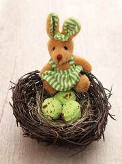 Osterhase sitzt auf einem Nest Detail