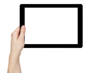adult man hand holding generic tablet pc with white screen