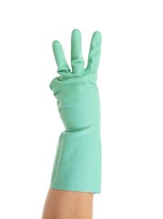 Obraz premium Hand shows three in rubber glove.